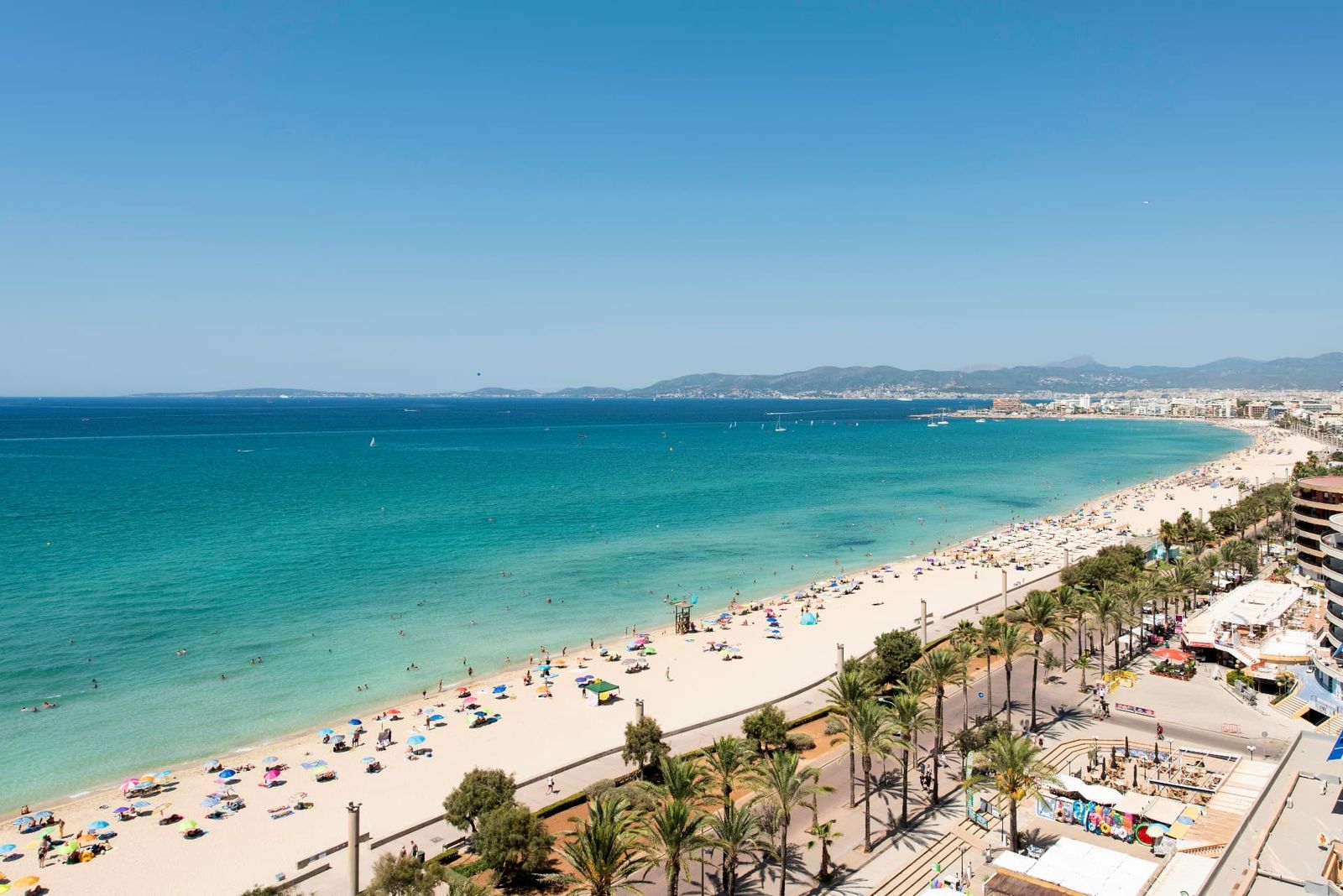 Aerial view of a long white sand beach lined with palm trees